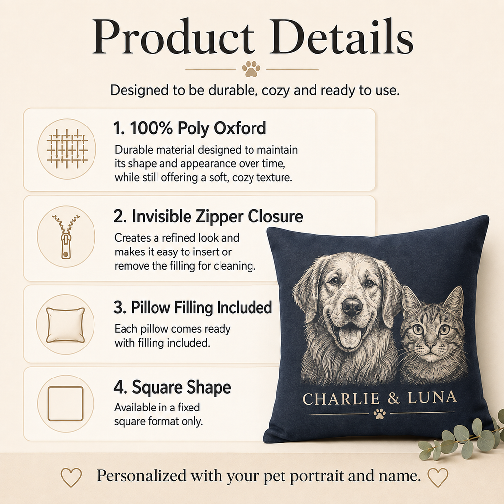 Custom Pet Portrait Pillow with Name – Personalized Dog or Cat Pillow