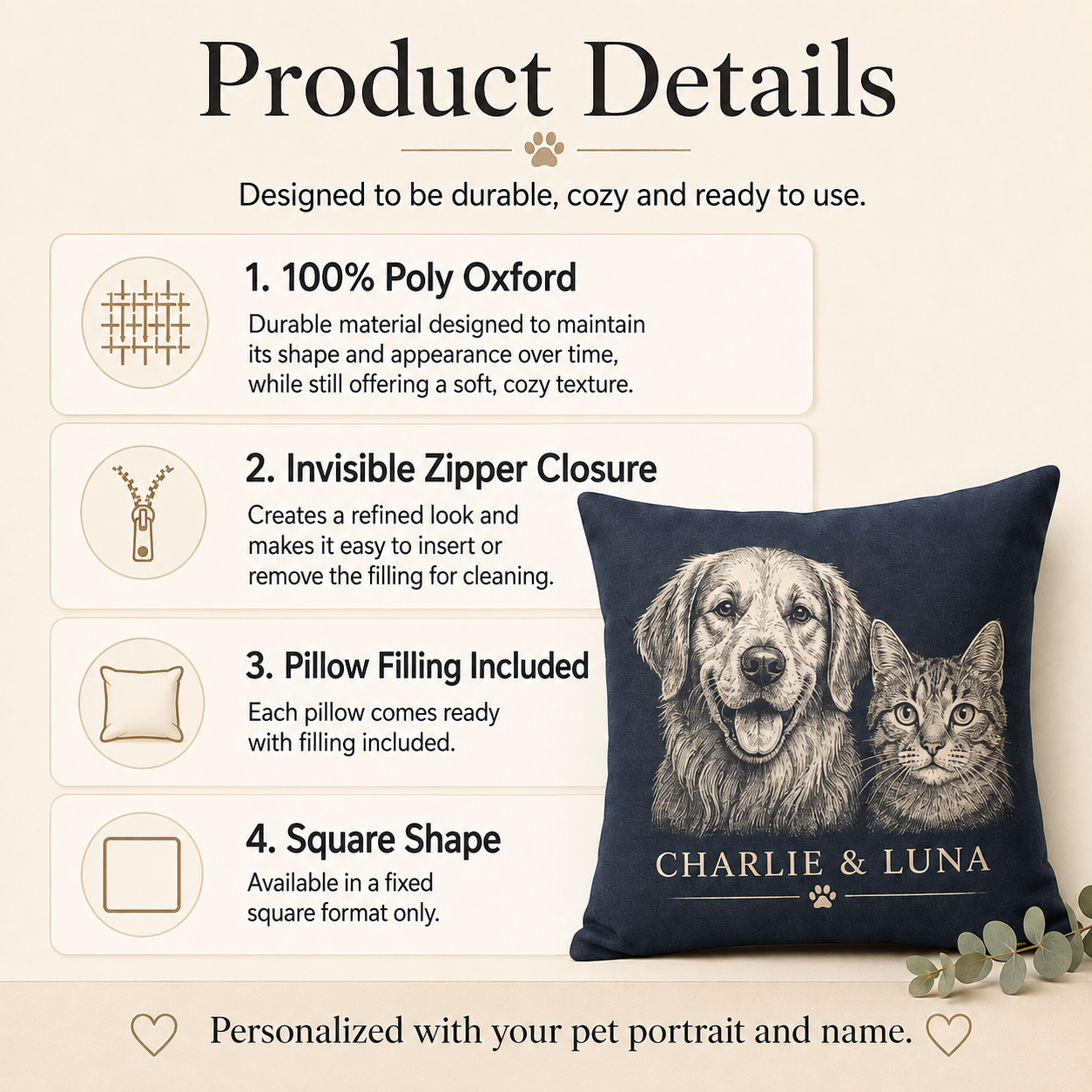 Custom Pet Portrait Pillow with Name – Personalized Dog or Cat Pillow