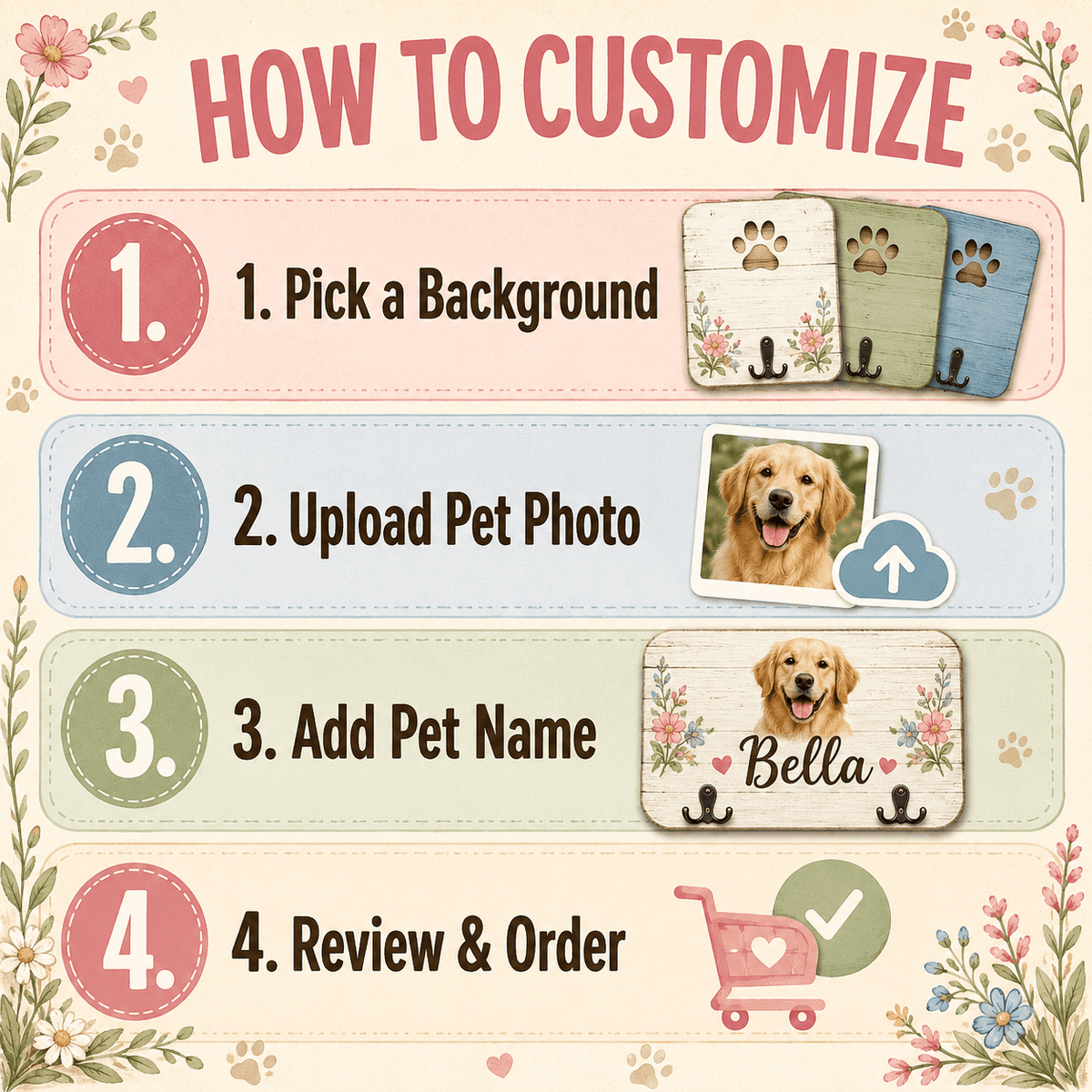 Custom Pet Portrait Dog Leash Holder – Vintage Floral & Gingham Design