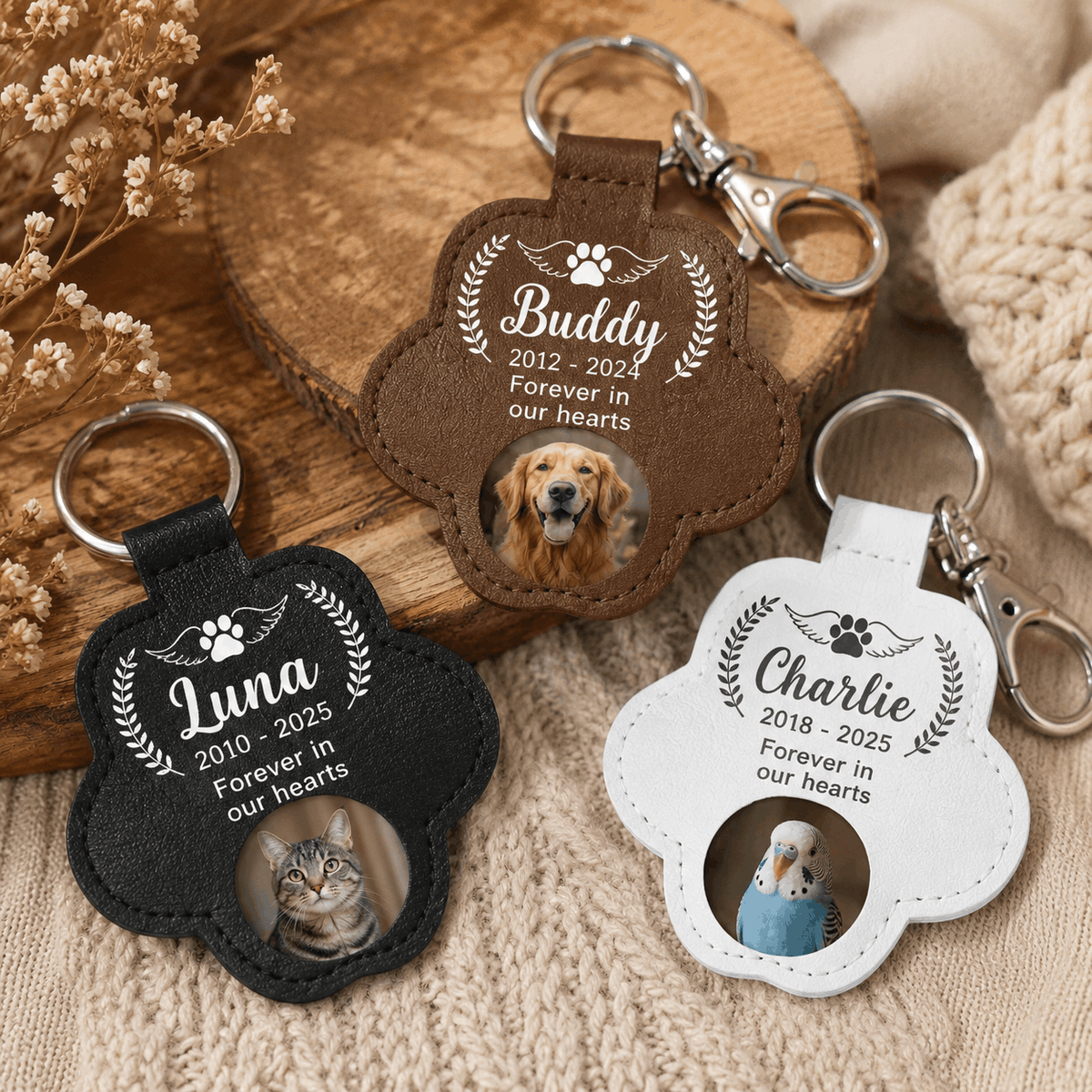 Pet Memorial Pawprint Keychain - Angel Wings Photo Insert & Custom Dates