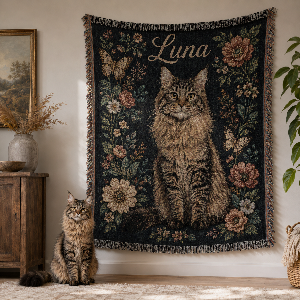 Custom Vintage Floral Pet Portrait Woven-Style Blanket - Personalized Cat & Dog Throw with Name