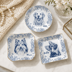 Custom Pet Portrait Ceramic Jewelry Dish – Classic Blue & White Floral Design