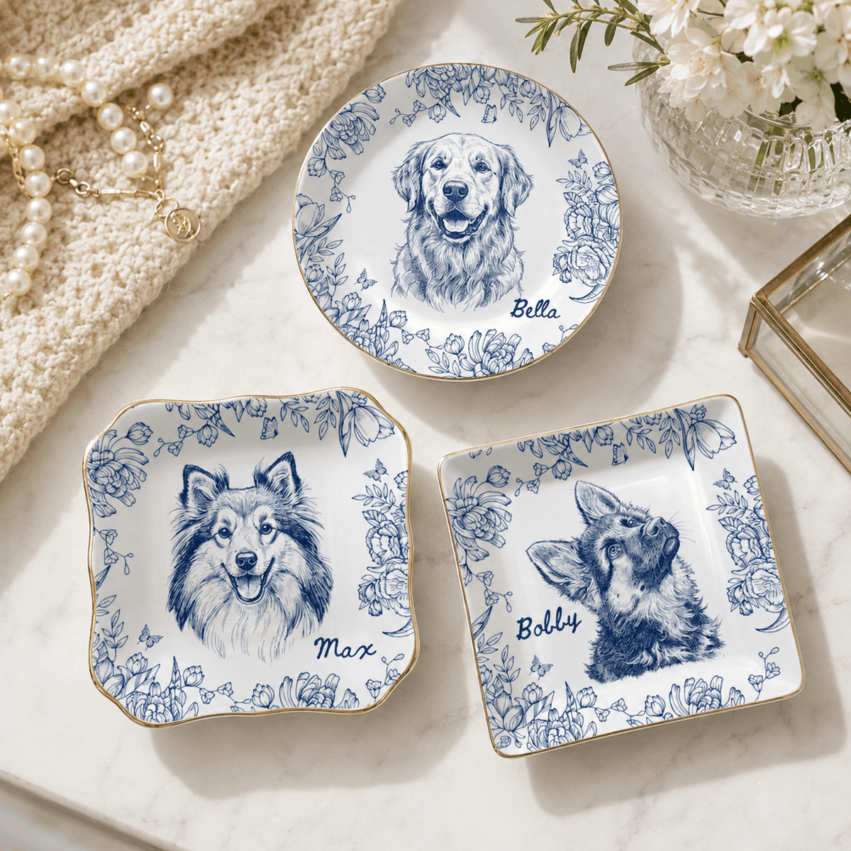 Custom Pet Portrait Ceramic Jewelry Dish – Classic Blue & White Floral Design