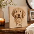 Custom Pet Sketch Portrait Wooden Block – Rustic Line Art Design