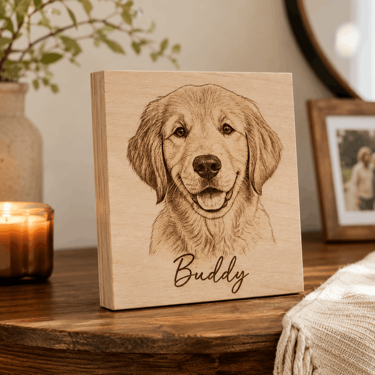 Custom Pet Sketch Portrait Wooden Block – Rustic Line Art Design
