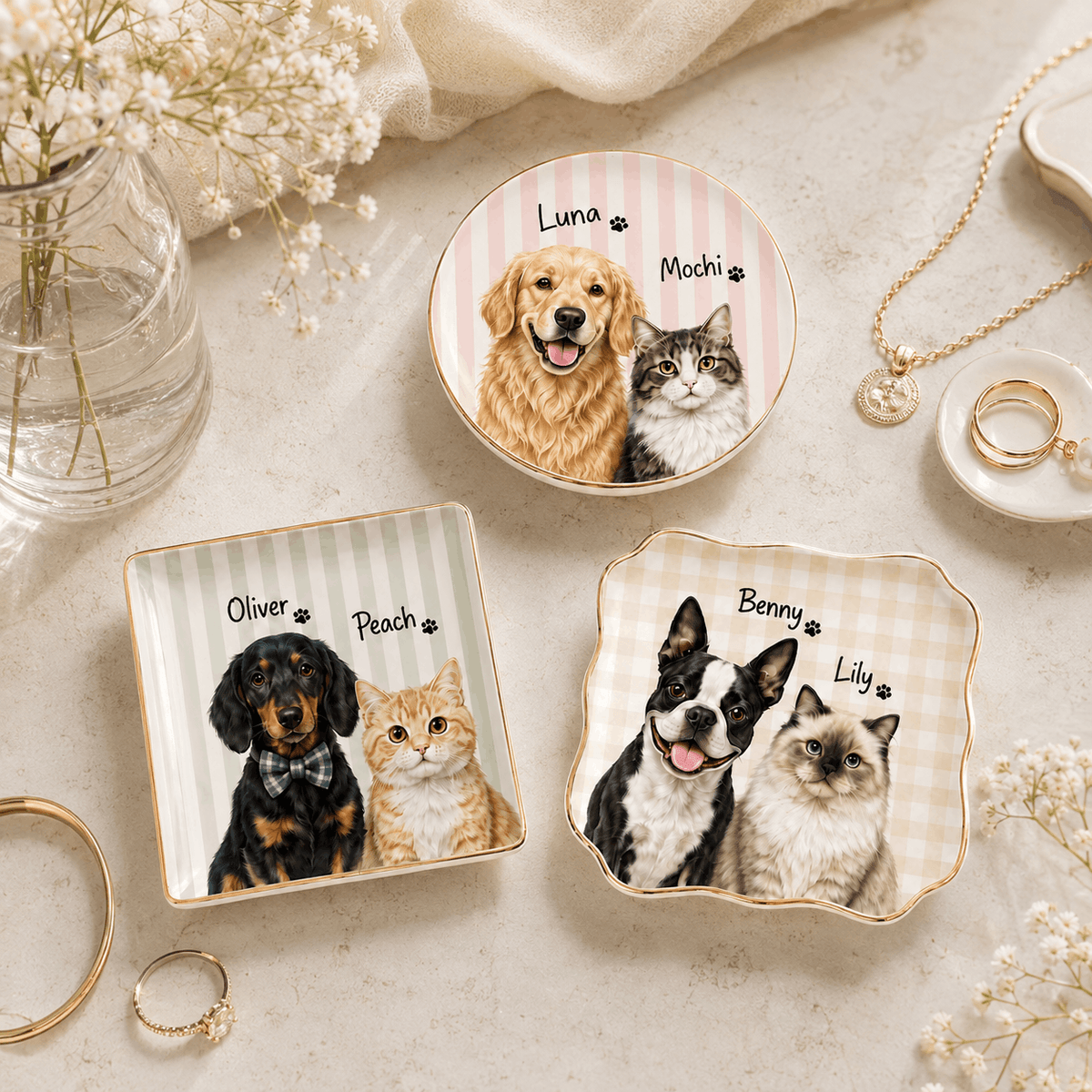 Custom Two Pets Portrait Ceramic Jewelry Dish – Pastel Pattern Design
