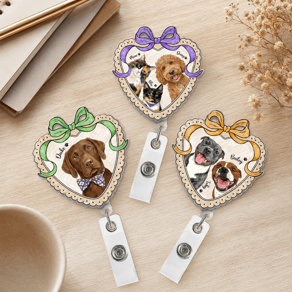 Badge Reel – Custom Pet Portrait Heart Shape Ribbon Design