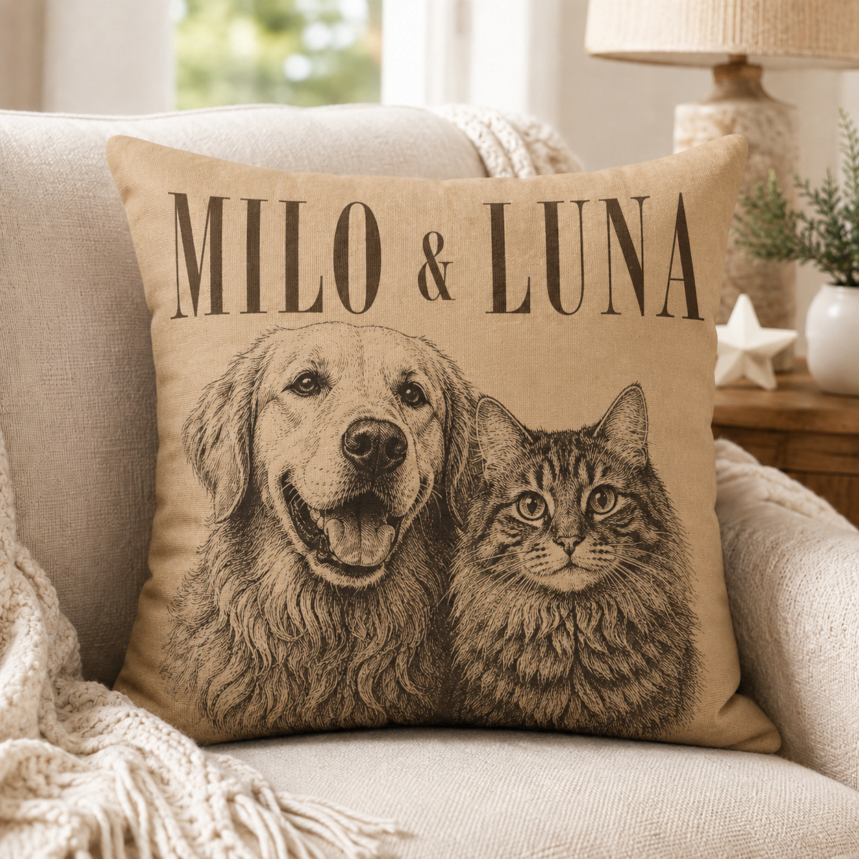 Custom Pet Portrait Pillow with Name – Personalized Dog or Cat Pillow