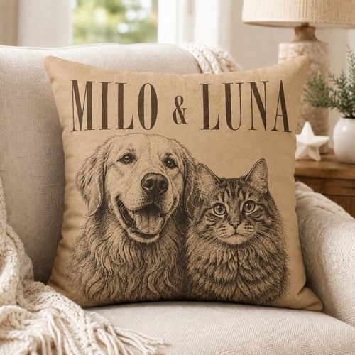 Custom Pet Portrait Pillow with Name – Personalized Dog or Cat Pillow