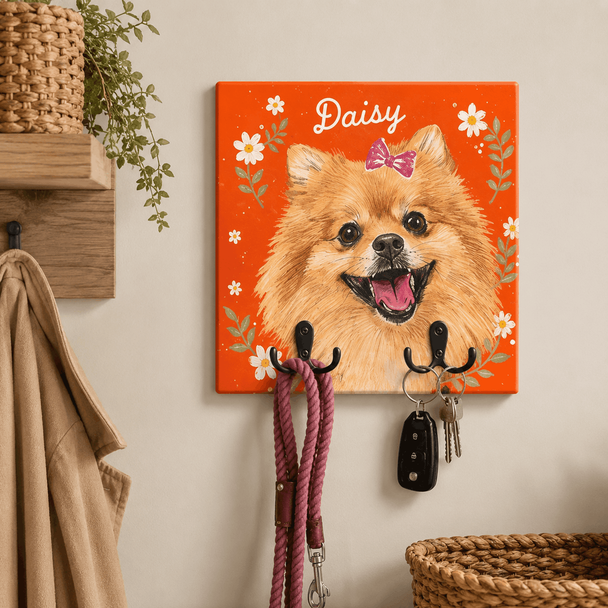 Custom Pet Portrait Dog Leash Holder – Vibrant Floral Frame Design