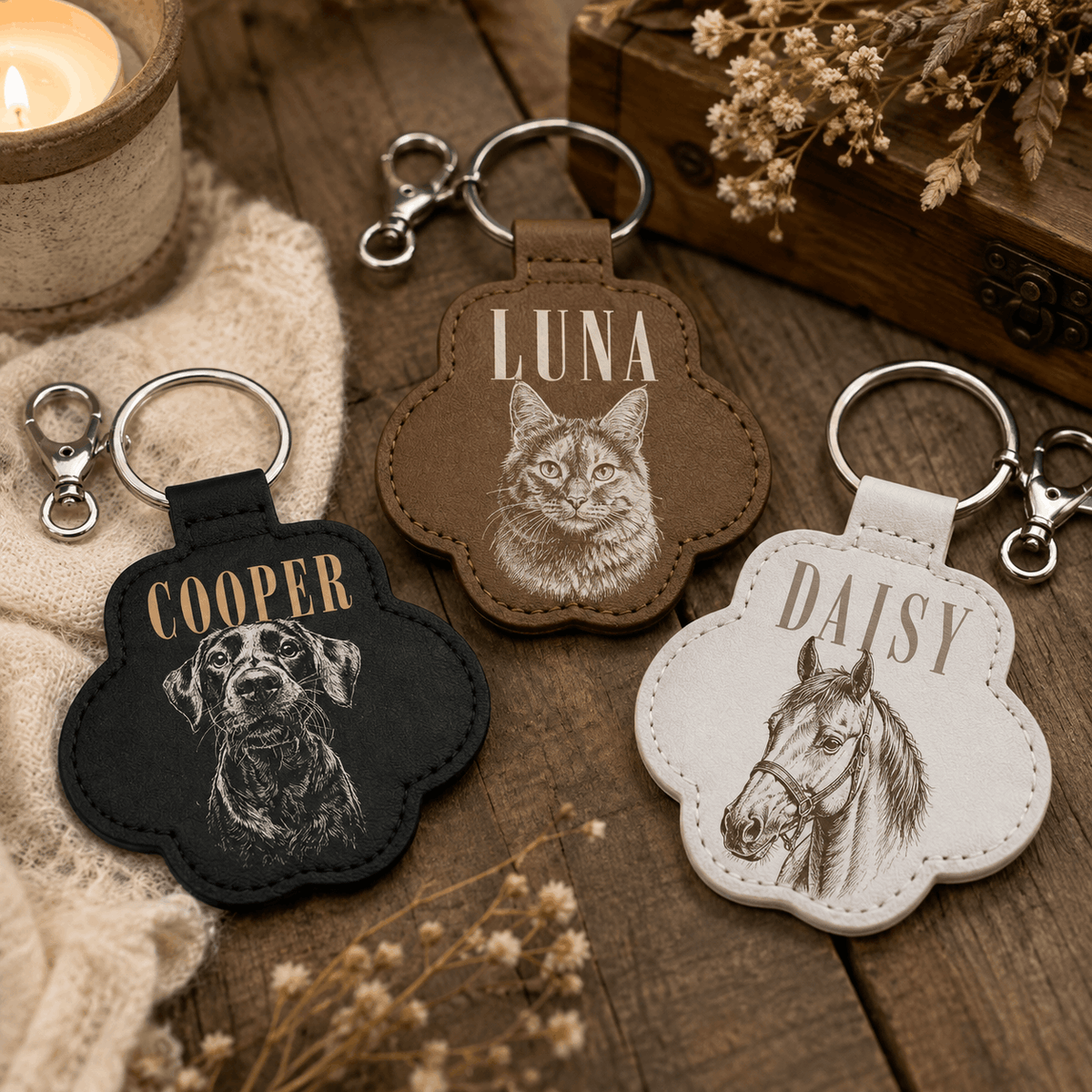 Personalized Pawprint Keychain - Custom Sketch Pet Portrait & Fur Keepsake