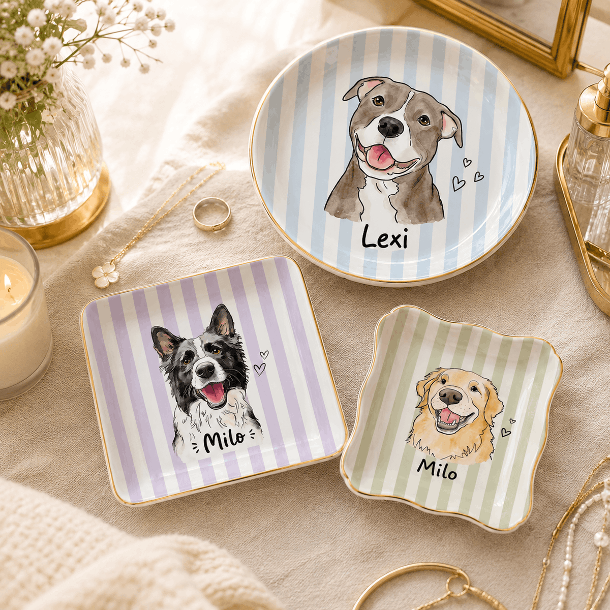 Custom Pet Portrait Ceramic Jewelry Dish – Sweet Pastel Stripes Design