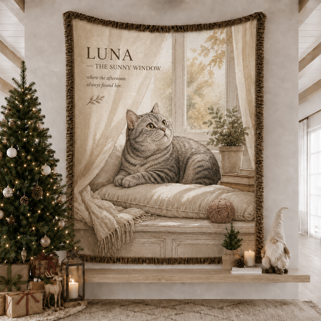 Custom Pet Portrait Woven Blanket - "Favorite Spot" Storytelling Throw