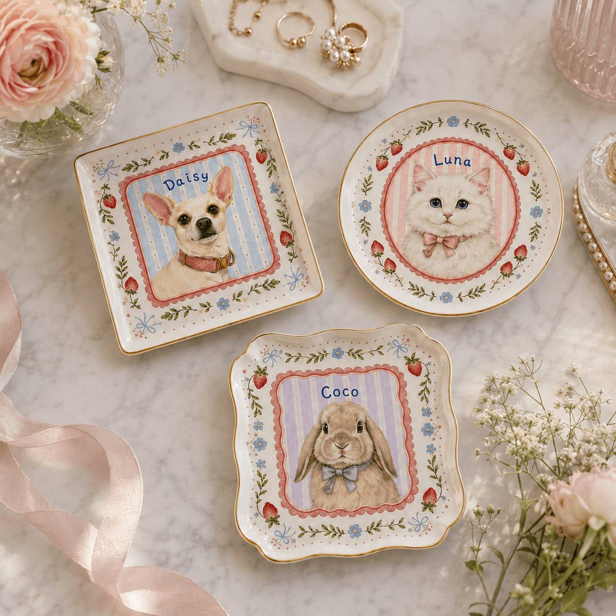 Custom Pet Portrait Ceramic Jewelry Dish – Coquette Strawberry & Bow Design