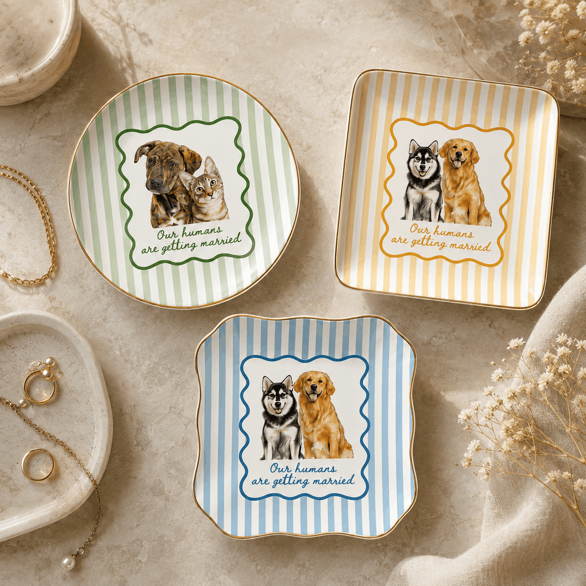 Custom Two Pets Ceramic Jewelry Dish – "Our Humans Are Getting Married" Striped Design