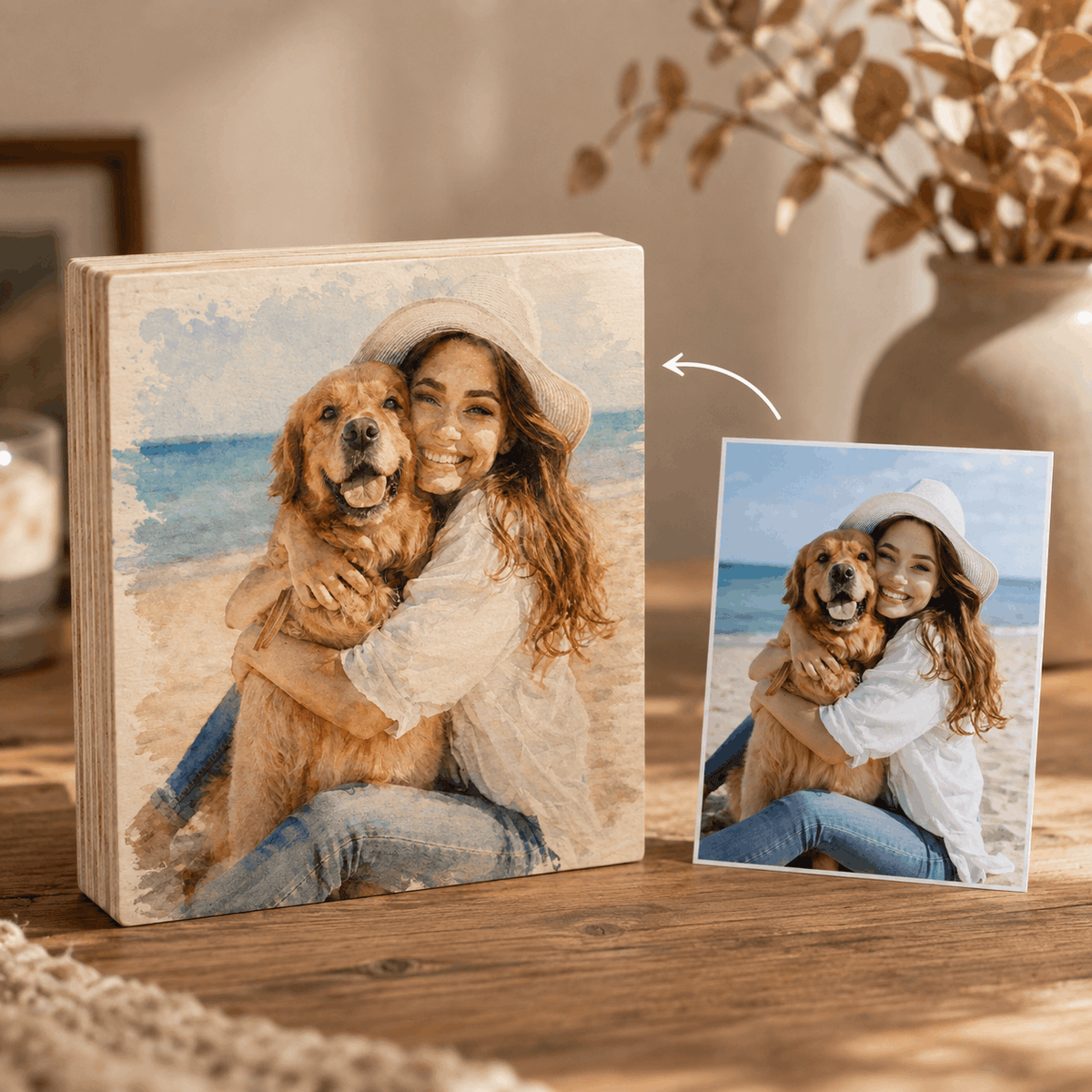 Custom Pet Photo Wooden Block – Watercolor or Real Photo Design