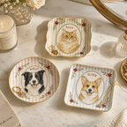 Custom Pet Portrait Ceramic Jewelry Dish – Vintage Striped Floral Frame