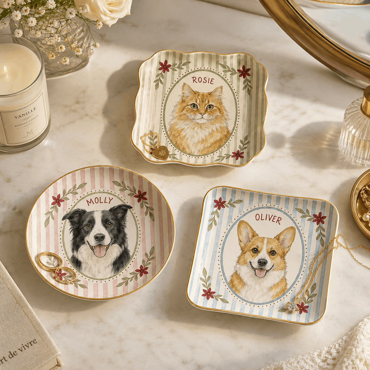 Custom Pet Portrait Ceramic Jewelry Dish – Vintage Striped Floral Frame