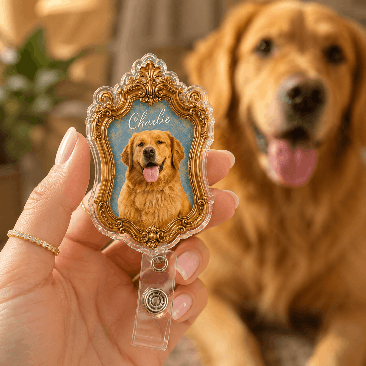 Badge Reel – Custom Pet Portrait Vintage Gold Frame Design
