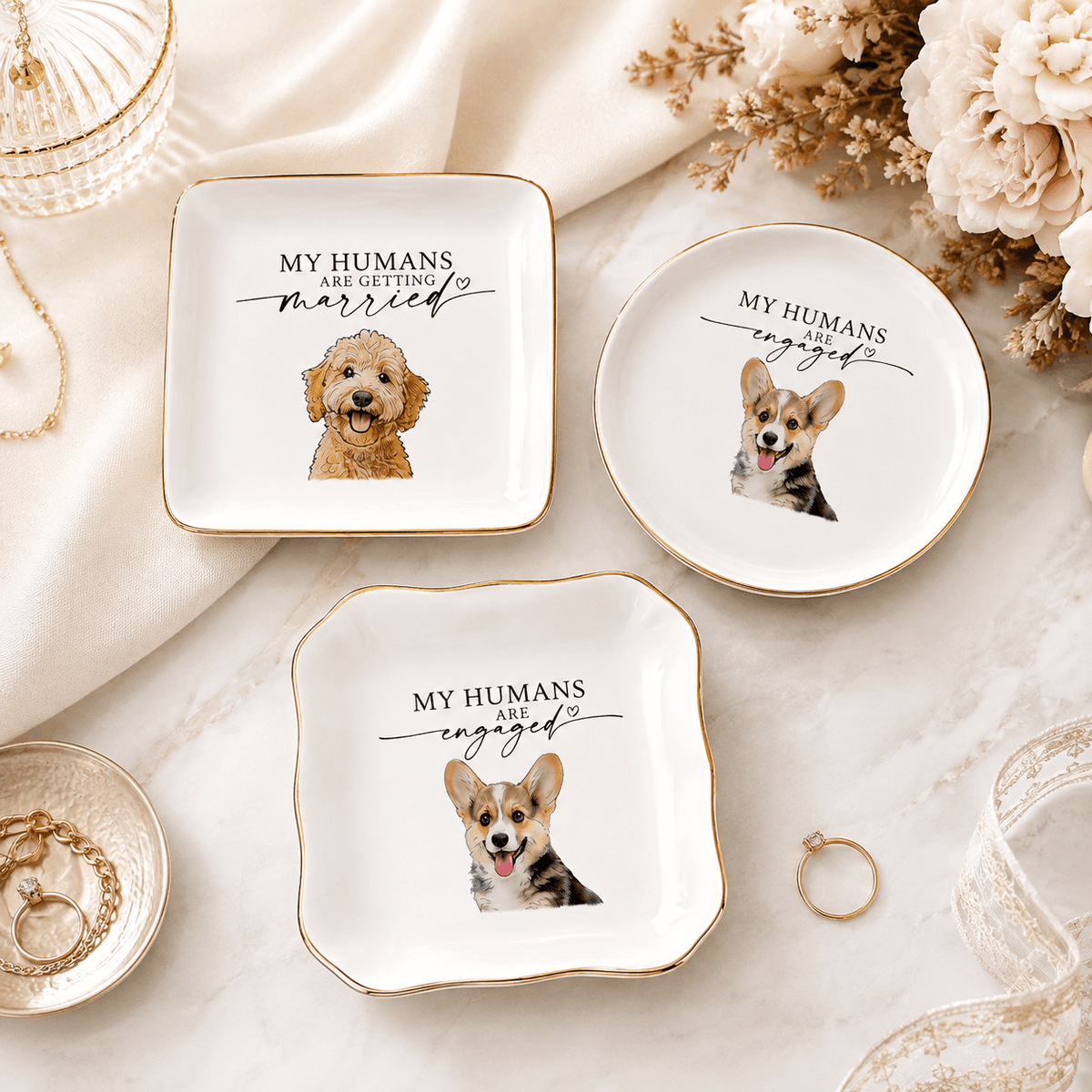 Custom Pet Portrait Ceramic Jewelry Dish – "My Humans Are Engaged" Ring Dish