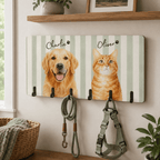 Custom Pet Portrait Dog Leash Holder – Personalized Wooden Hanger