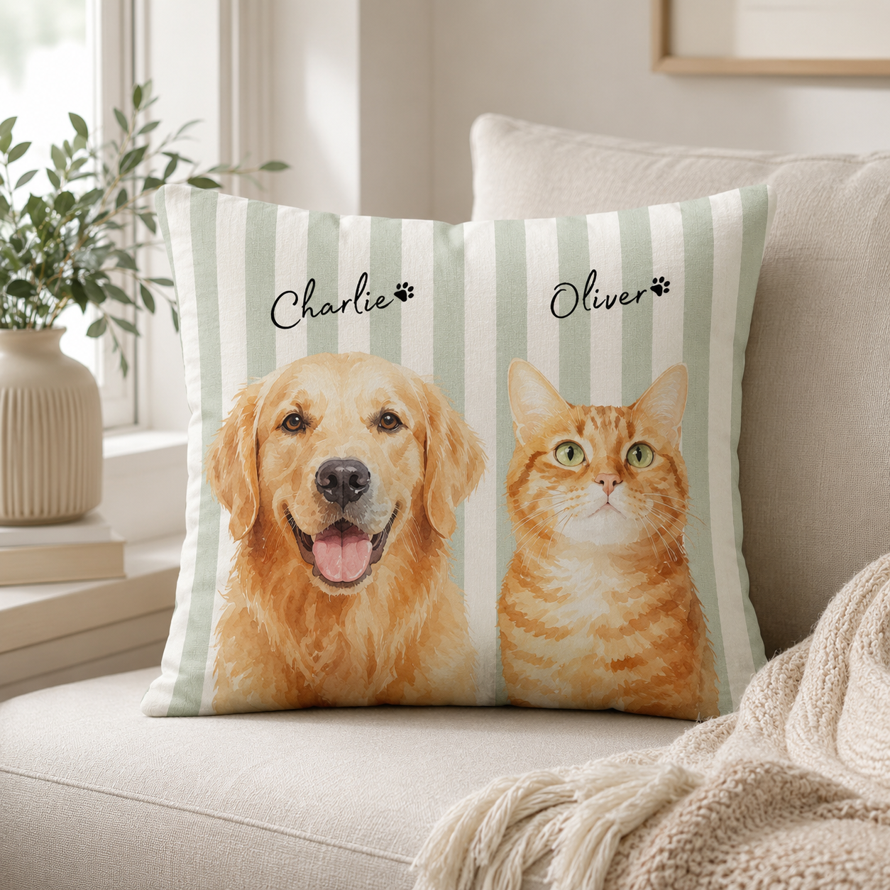 Custom Pet Portrait Pillow – Personalized Watercolor Dog & Cat Pillow