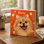 Custom Pet Portrait Wooden Block – Vibrant Floral Frame Design