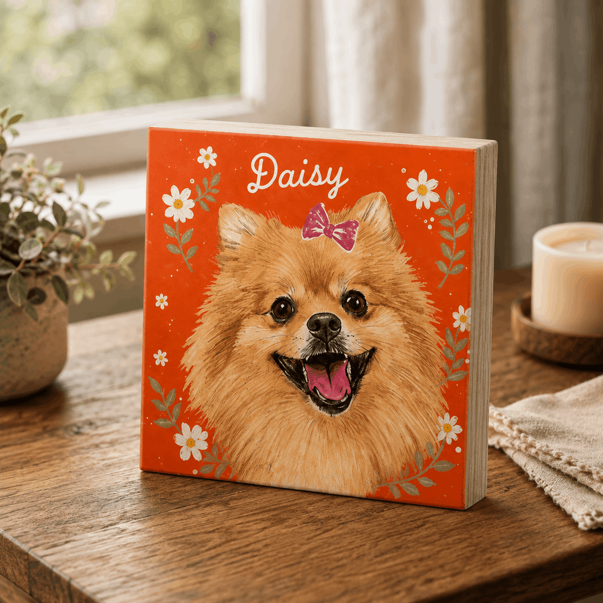 Custom Pet Portrait Wooden Block – Vibrant Floral Frame Design