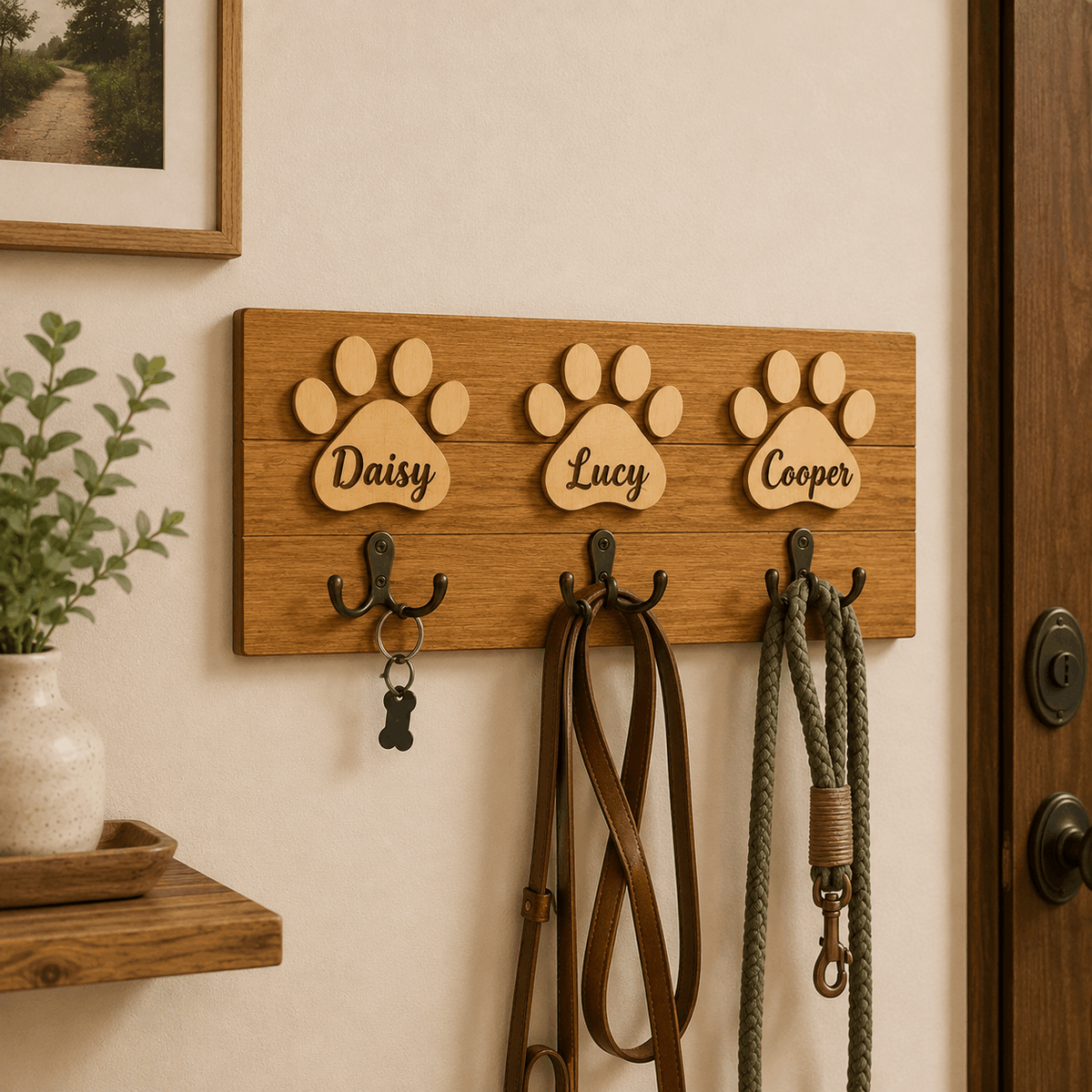 Custom Dog Leash Holder – Rustic Wooden Paw Print Design