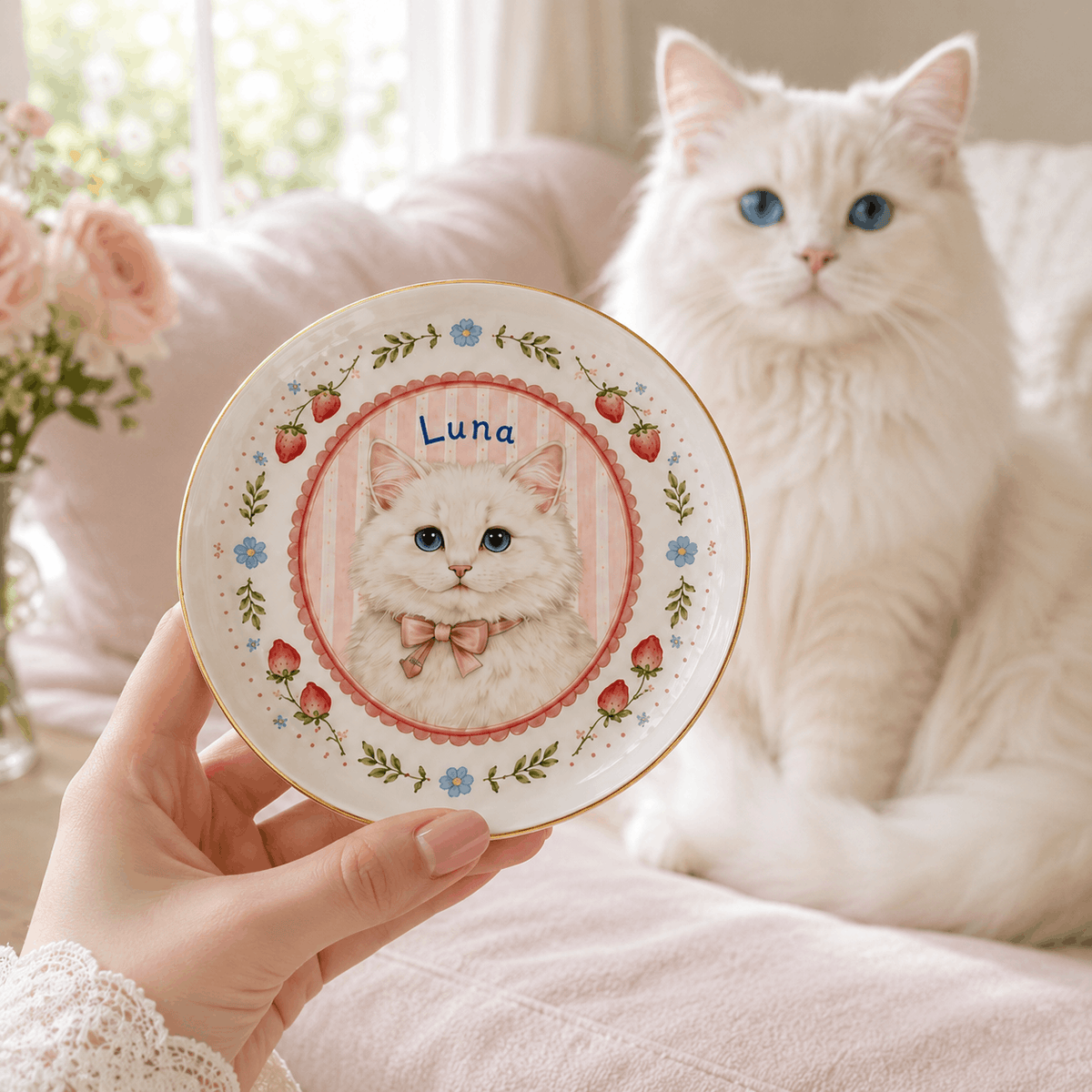 Custom Pet Portrait Ceramic Jewelry Dish – Coquette Strawberry & Bow Design