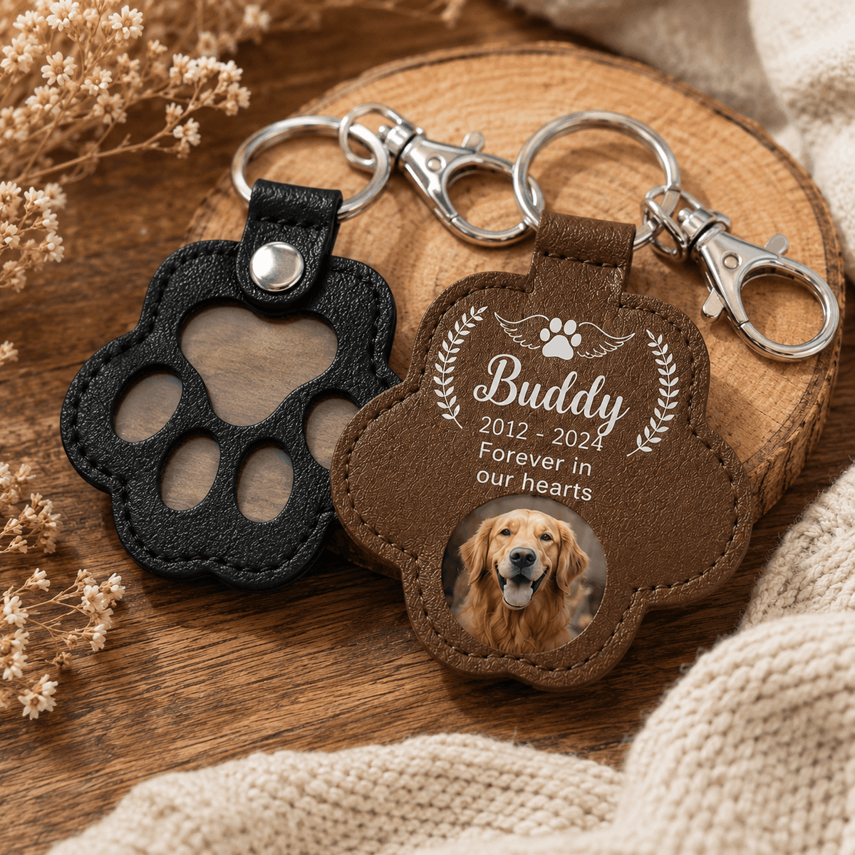 Pet Memorial Pawprint Keychain - Angel Wings Photo Insert & Custom Dates