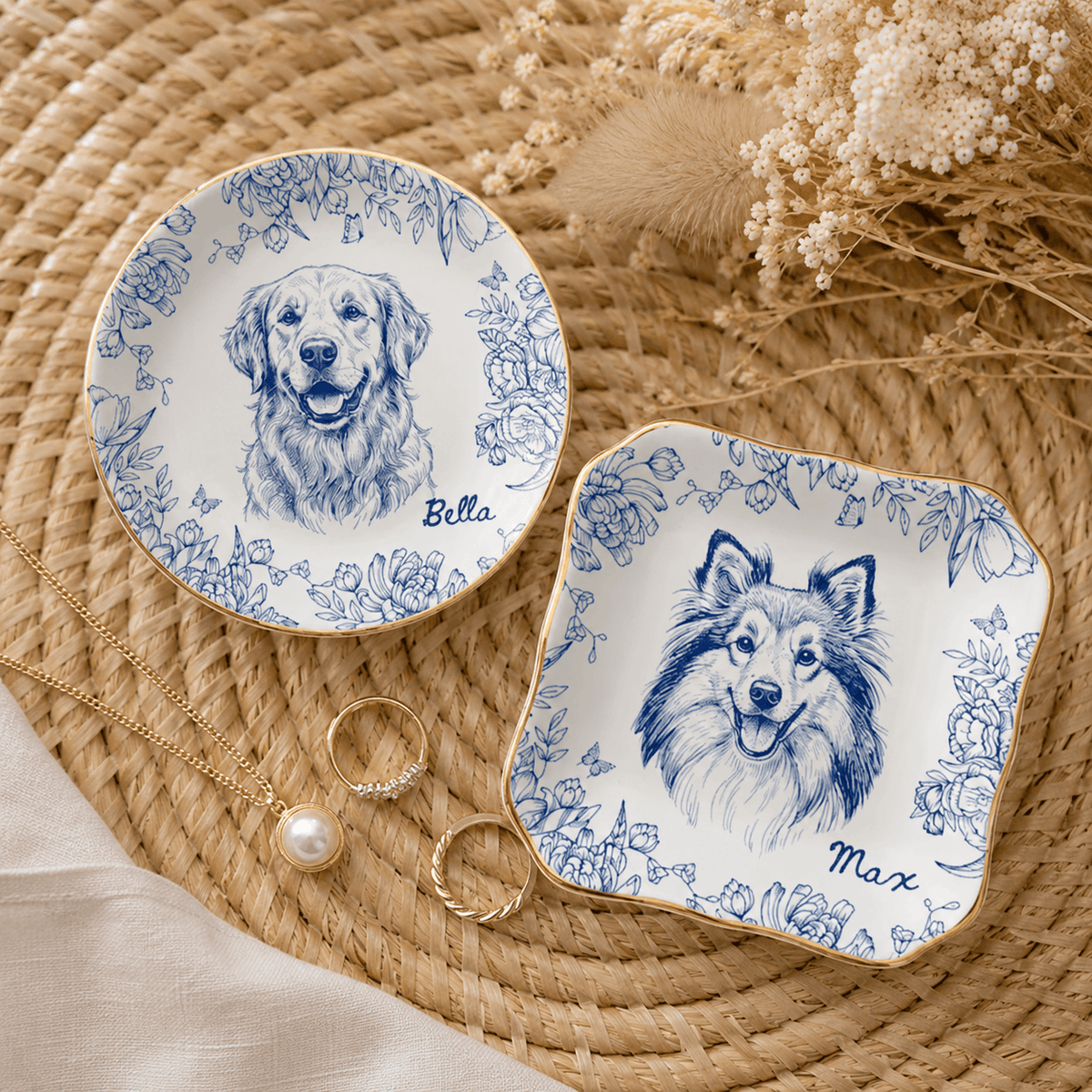 Custom Pet Portrait Ceramic Jewelry Dish – Classic Blue & White Floral Design