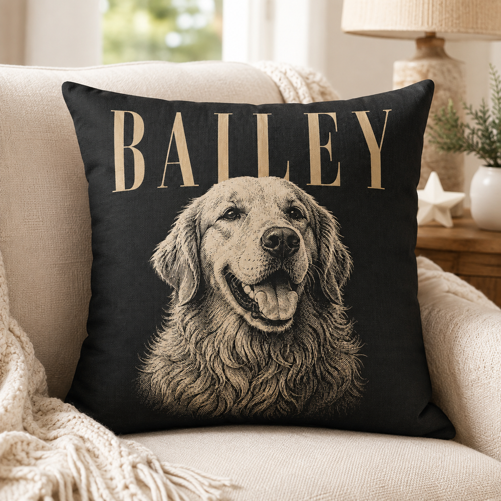 Custom Pet Portrait Pillow with Name – Personalized Dog or Cat Pillow