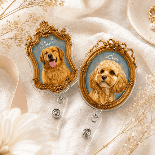 Badge Reel – Custom Pet Portrait Vintage Gold Frame Design