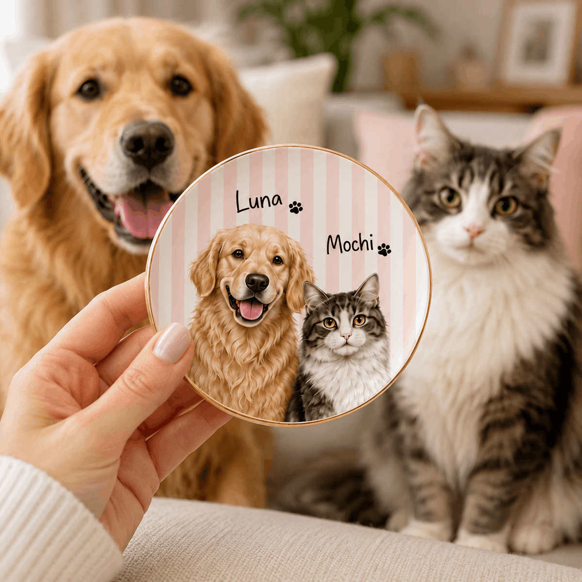 Custom Two Pets Portrait Ceramic Jewelry Dish – Pastel Pattern Design
