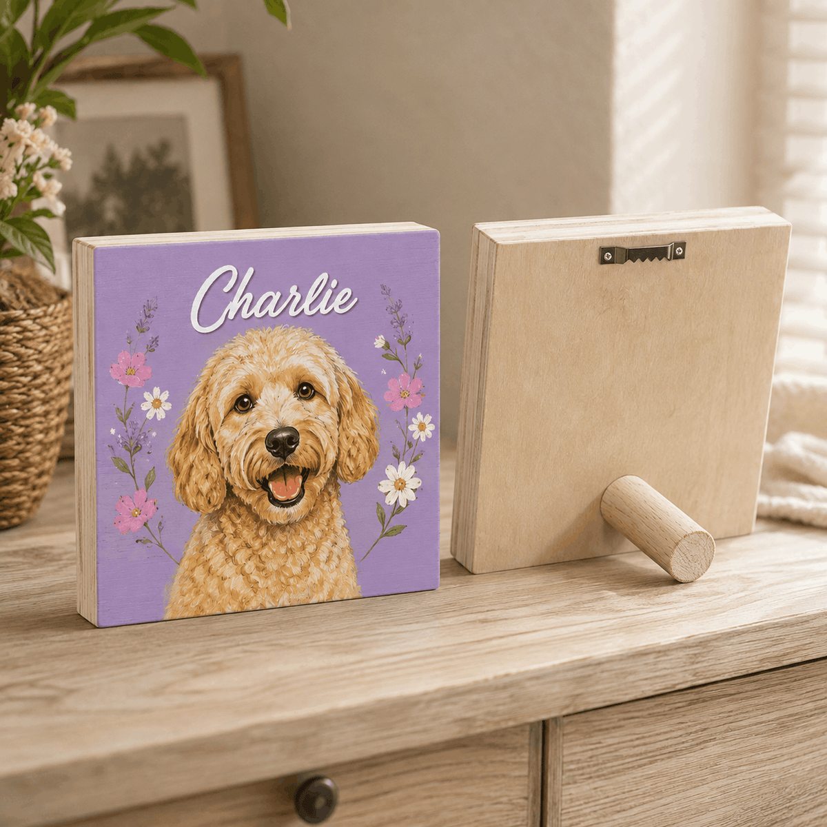 Custom Pet Portrait Wooden Block – Vibrant Floral Frame Design