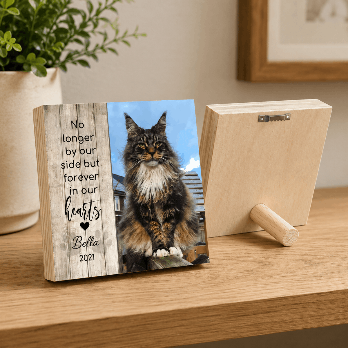 Custom Pet Memorial Wooden Block – "Forever In Our Hearts" Split Design
