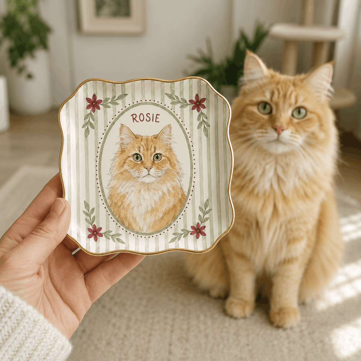 Custom Pet Portrait Ceramic Jewelry Dish – Vintage Striped Floral Frame