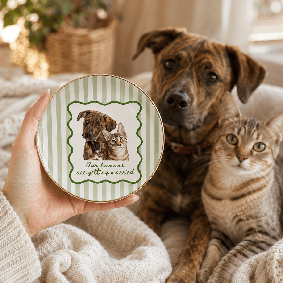 Custom Two Pets Ceramic Jewelry Dish – "Our Humans Are Getting Married" Striped Design