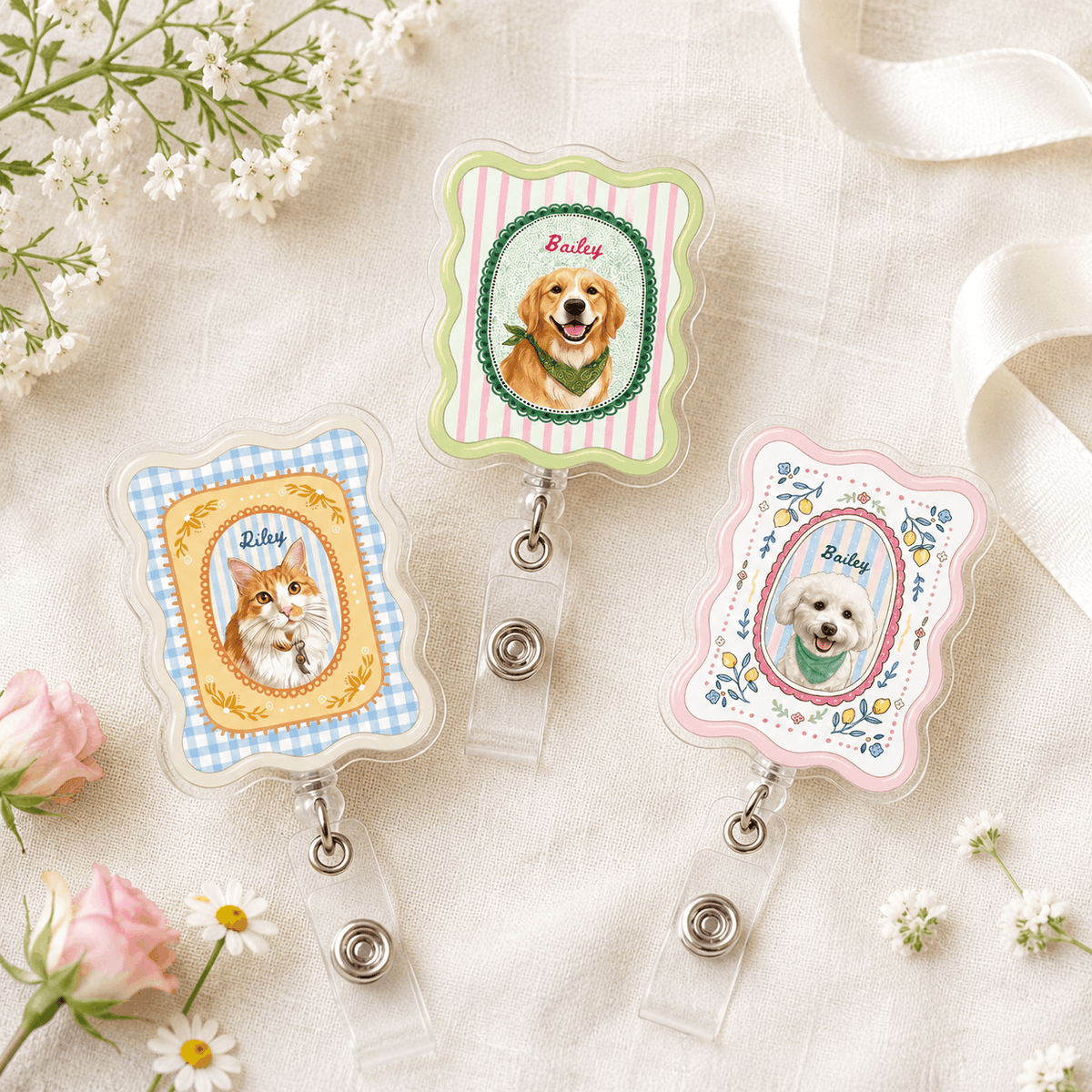 Badge Reel – Custom Pet Portrait Vintage Scalloped Frame Design