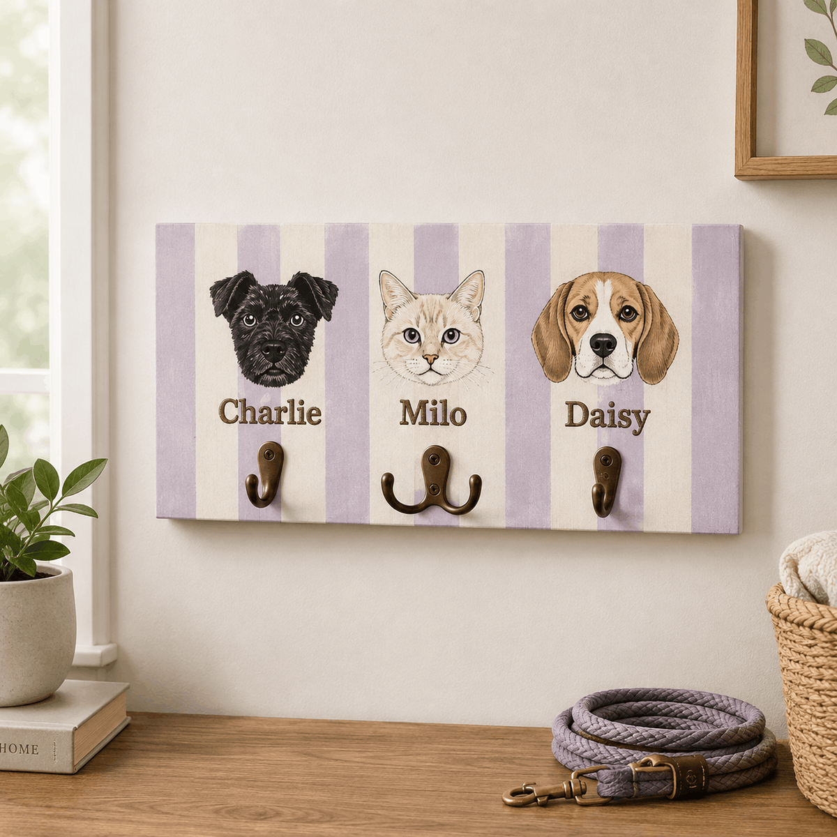 Custom Pet Portrait Dog Leash Holder – Classic Striped Design