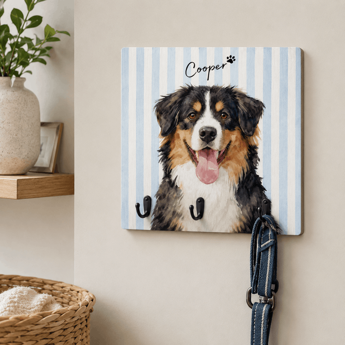 Custom Pet Portrait Dog Leash Holder – Personalized Wooden Hanger
