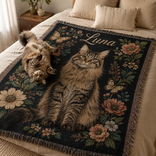 Custom Vintage Floral Pet Portrait Woven-Style Blanket - Personalized Cat & Dog Throw with Name