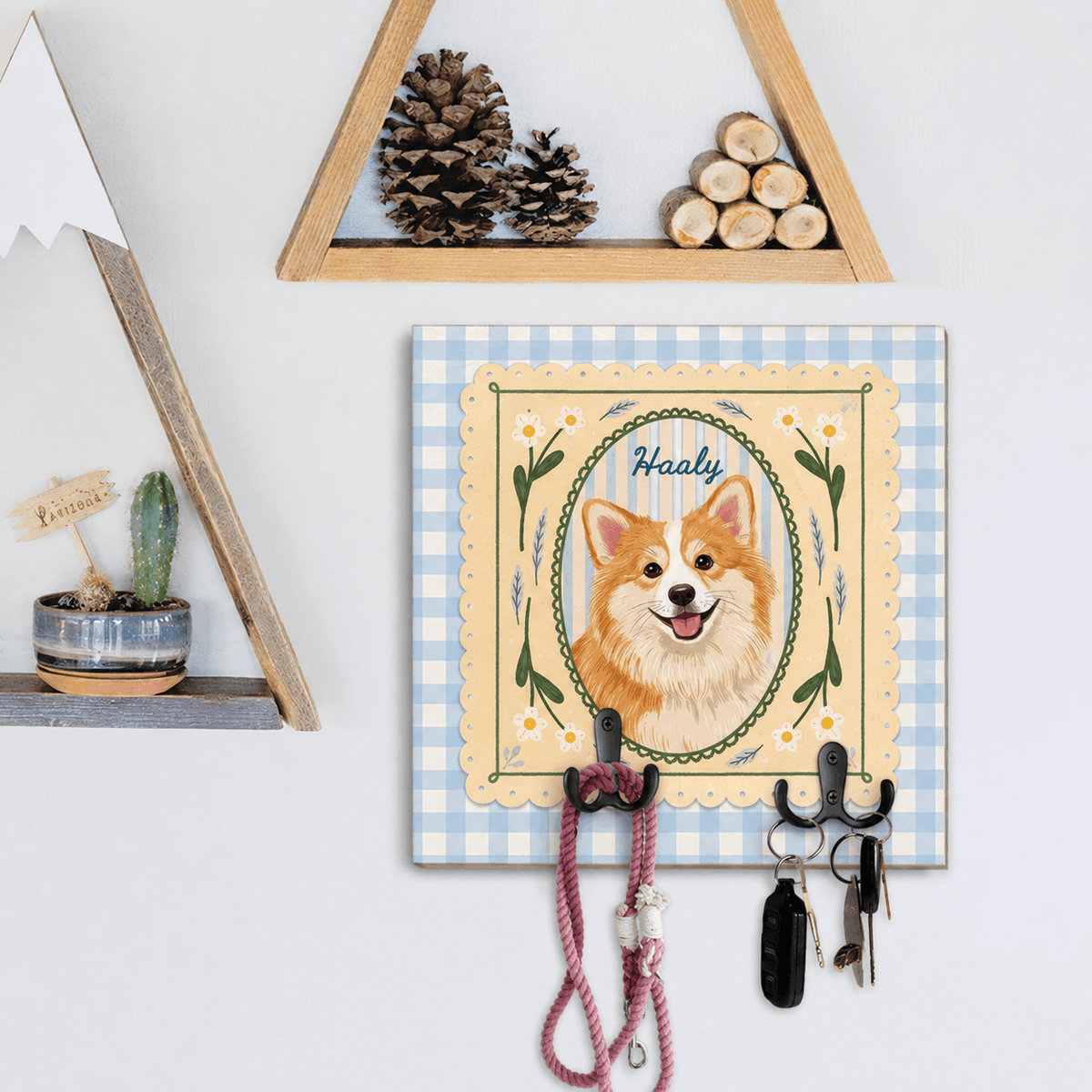 Custom Pet Portrait Dog Leash Holder – Vintage Floral & Gingham Design