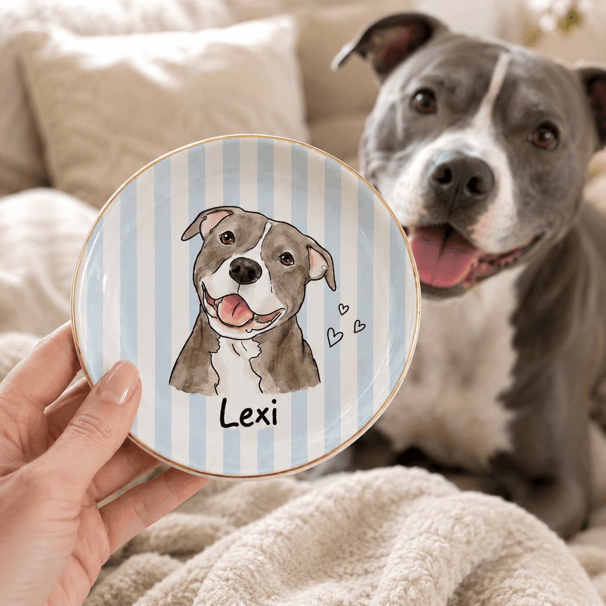 Custom Pet Portrait Ceramic Jewelry Dish – Sweet Pastel Stripes Design