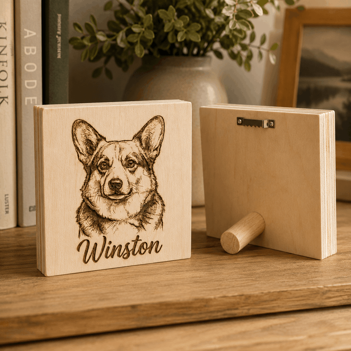 Custom Pet Sketch Portrait Wooden Block – Rustic Line Art Design