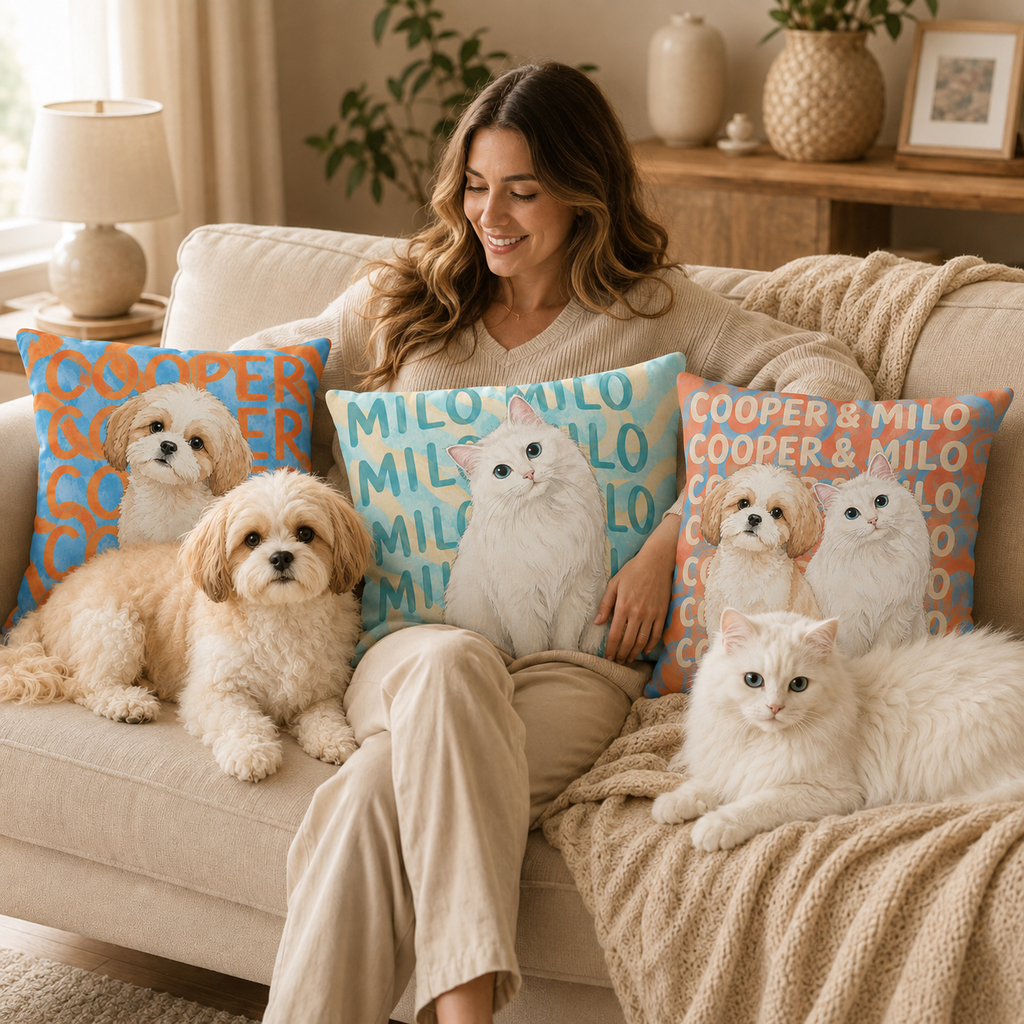 Personalized Pet Portrait Pillow – Custom Dog & Cat Photo Pillow