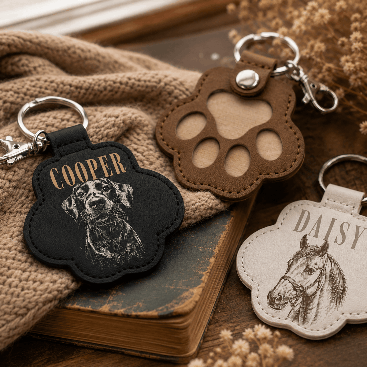 Personalized Pawprint Keychain - Custom Sketch Pet Portrait & Fur Keepsake
