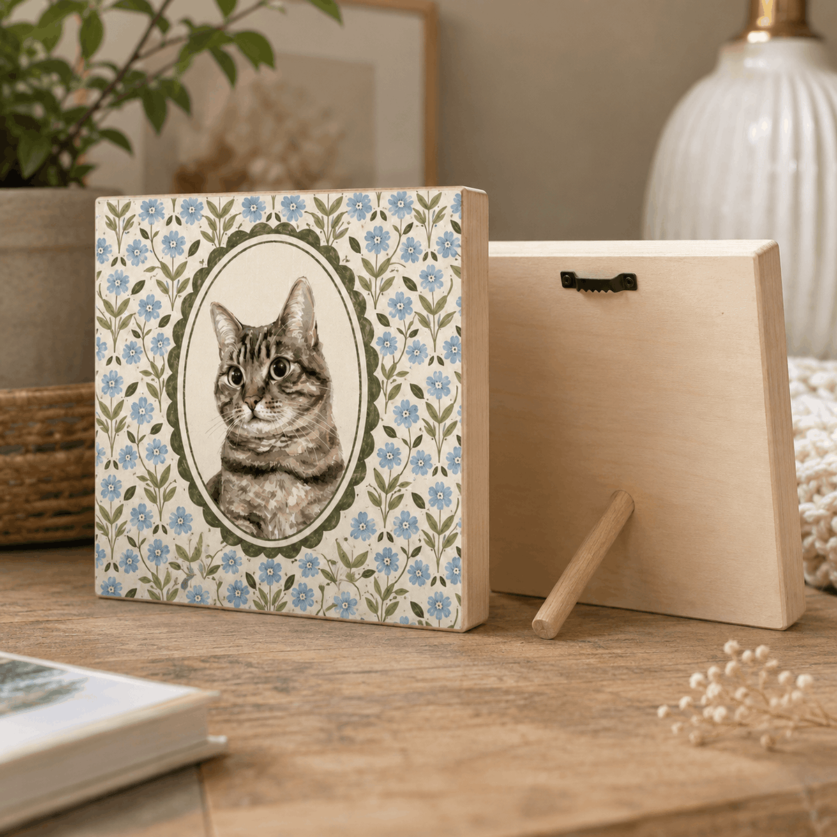 Custom Pet Portrait Wooden Block – Vintage Floral & Gingham Design