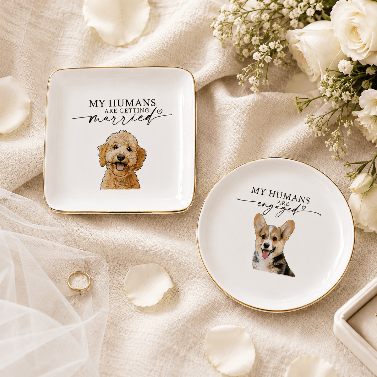Custom Pet Portrait Ceramic Jewelry Dish – "My Humans Are Engaged" Ring Dish